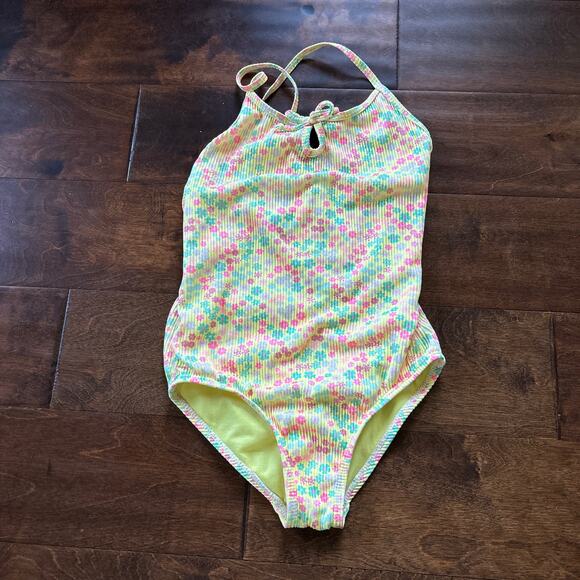 Wave Zone Girls Swimsuit Size Medium 7/8 Yellow Floral Ribbed One Piece - Picture 1 of 4